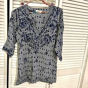 Amaya Navy and White Geometric V-Neck Tunic with Embroidered Bust